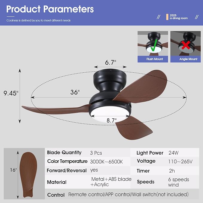 Kviflon 36 Inch Ceiling Fans with Lights, Small Flush Mount Ceiling Fan, Remote/APP Control, 3 Reversible Curved Blades, 6 Speeds, 3 CCT Dimmable Lights for Bedroom Kids Room, Brown