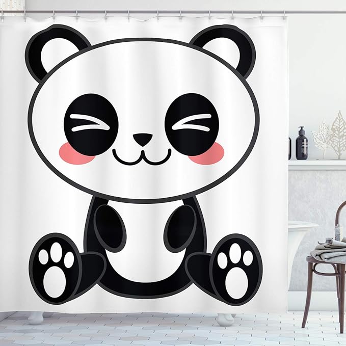 Ambesonne Anime Shower Curtain, Cartoon Smiling Panda Fun Animal Theme Japanese Manga Teen Art Print, Cloth Fabric Bathroom Decor Set with Hooks, 69" W x 75" L, White Grey