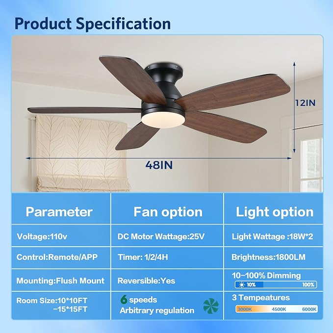 JSAITEE 48" Ceiling Fans with Lights Low Profile - Flush Mount Ceiling Fan with Light and Remote, 6 Wind Speeds Reversible, Quiet, 3CCT Dimmable, Fan Light for Modern Indoor, Bedroom, Kitchen, Brown