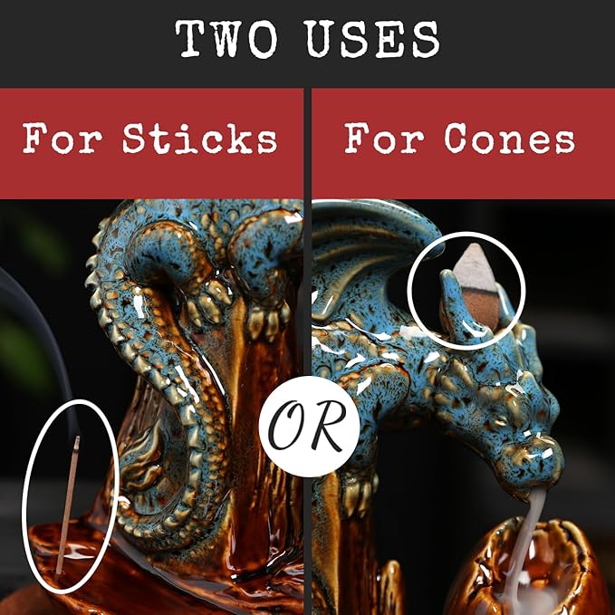 Dragon Incense Burner Holder - Egg Backflow Waterfall Cone Incense Holder, Ceramic Unique Pterosaur Incense Burner with Cones & Sticks for Halloween/Aromatherapy/Yoga/Home/Room/Office Deco