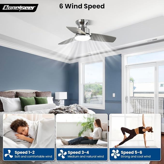 30 Inch Ceiling Fans with Lights and Remote, Bedroom Living Room Office, Flush Mount, 6CCT Dimmable, Dual Color 3 Blades 6 Speed Reversible Quiet DC Motor, Chrome-Plated/Wood Grain, 2 Pack