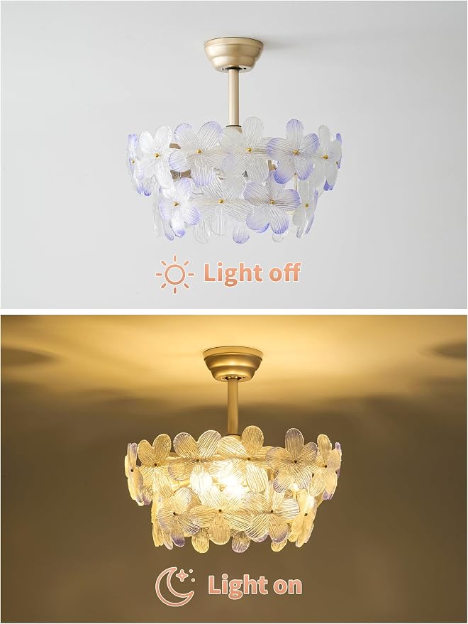 Gold Crystal Fandelier Ceiling Fans with Lights, 20" Gold Flower Chandelier Ceiling Fan with Light Remote Control, Caged Mid Century with 6 Speeds for Bedroom, Nursery, Living Room (Purple)