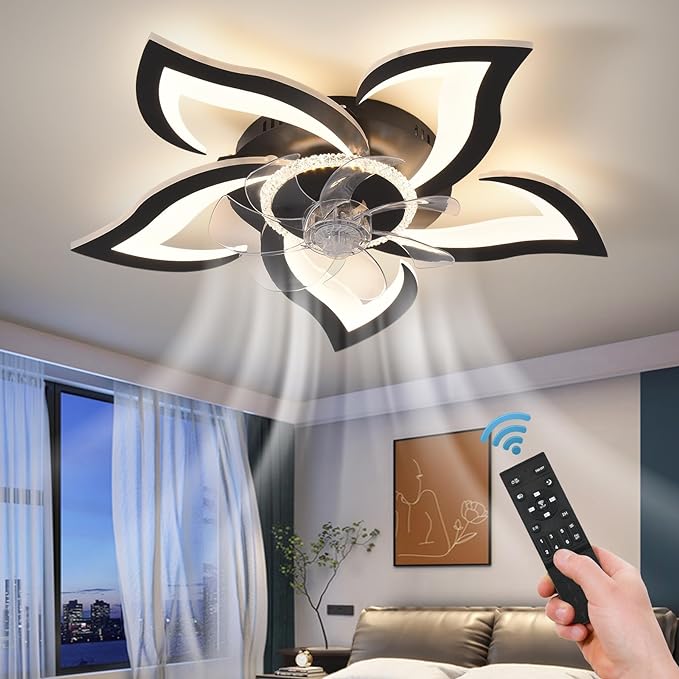 26" Geometric Ceiling Fan with Lights Remote Control, 6 Speeds 3 Colors, Black Low Profile Flush Mount Ceiling Fan for Kitchen Bedroom Living Room