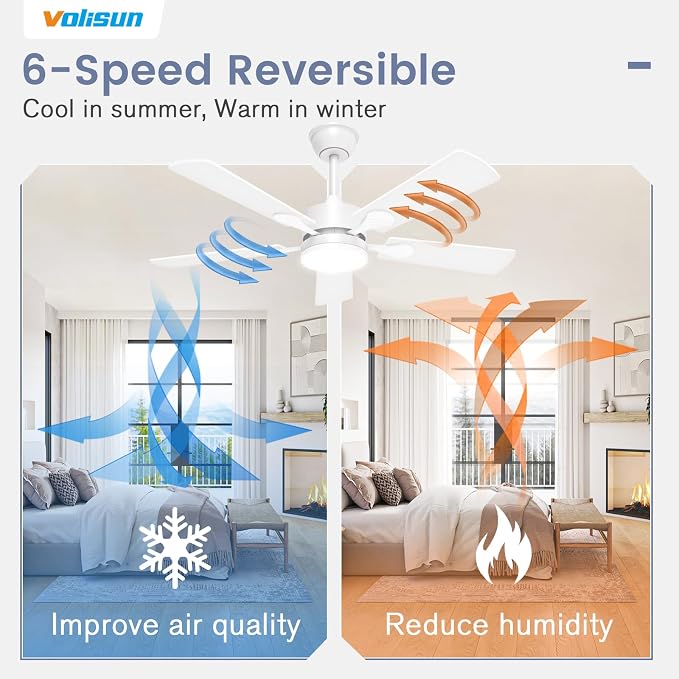 VOLISUN Ceiling Fan with Light, 42 inch Flush Mount Ceiling Fan with Lights and Remote, Dimmable LED Fan Light, Low Profile Ceiling Fan, White Modern Ceiling Fan for Bedroom, Indoor/Outdoor