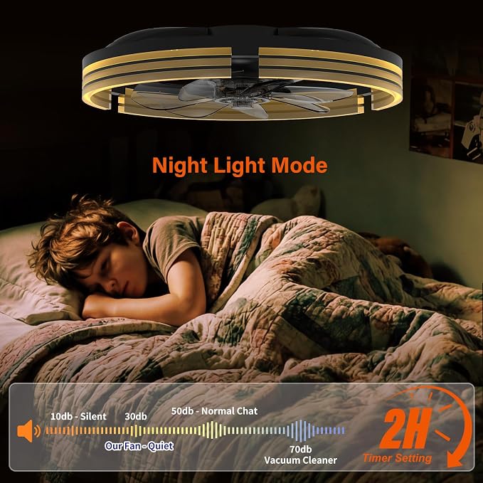 Ceiling Fans with Lights and Remote, 20'' Low Profile Ceiling Fan with APP Control, 3000K-6500K Dimmable, Quiet Reversible DC, Modern Flush Mount Fandelier for Bedroom (Black-Stripe)