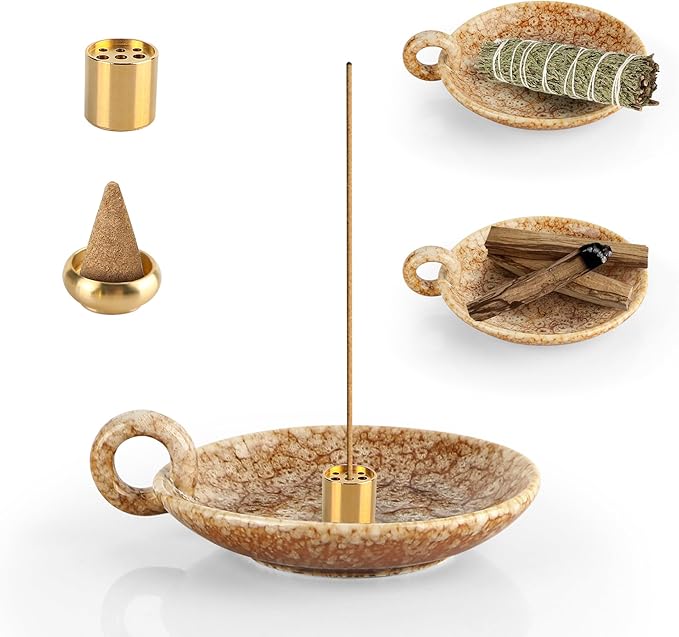 Generic 5 in 1 Ceramic Incense Holder Ash Catcher, Multi-Funtional Palo Santo Holder for Sage Sticks Cones Candle, Ideal for Meditation, Relaxing, Easy to Clean (Yellow Brown)