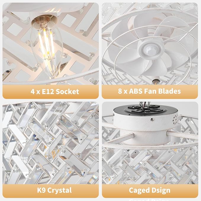 18 Inch Caged Ceiling Fan with Light and Remote, Painted White Flush Mount Fandelier Ceiling Fan with Remote & App Control, Quiet DC Motor Low Profile Crystal Ceiling Fan for Bedroom, Kitchen