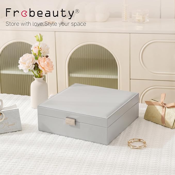 Frebeauty 50 Grid Earring Holder Organizer,2 Layer Jewelry Box for Women | Faux Leather,Velvet Lining,Adjustable Divider,Jewelry Organizer for Ring Necklace and Bracelet,for Home Use and Jewelry Store
