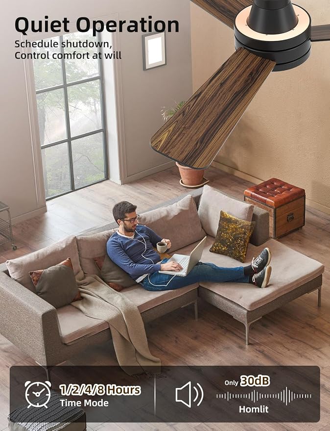 42 inch RGB Ceiling Fan with Light, Smart App & Remote Control Low Profile Flush Mount, Music Sync Lighting, 6-Speed Quiet Reversible DC Motor, 4CCT Dimmable for Home Office Party,Black