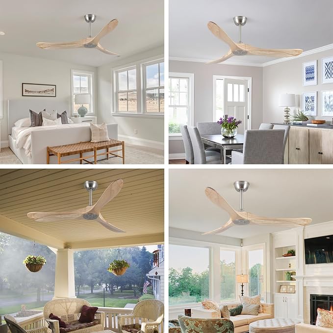 52" Modern Ceiling Fan, No Light, 6-Speed, Reversible, Timed Shutdown, DC Motor, Natural Wood 3 Blade, Porch, Bedroom, Living Room