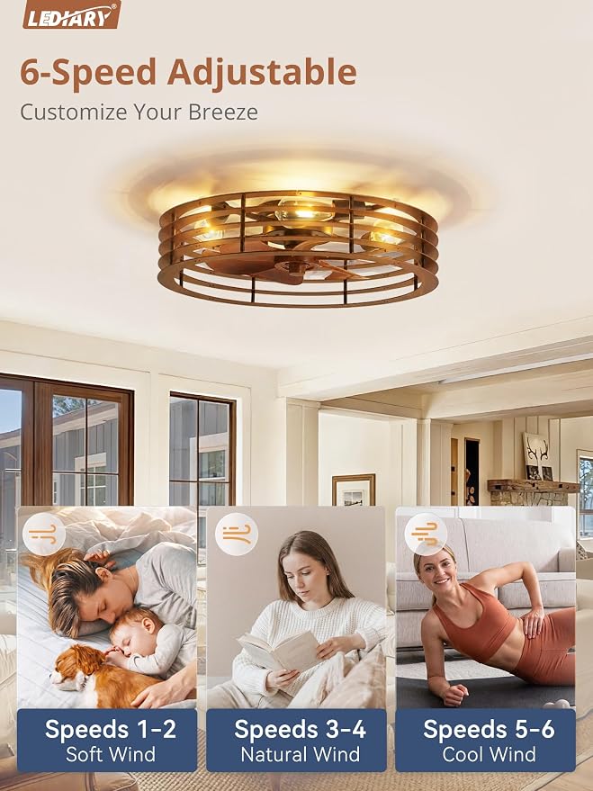 LEDIARY 23" Flush Mount Caged Ceiling Fan with Light, Low Profile Ceiling Fans with Light and Remote, 6 Speed & Reversible, Farmhouse Enclosed Fan Lights for Bedroom, Kitchen, Living Room, Dining Room
