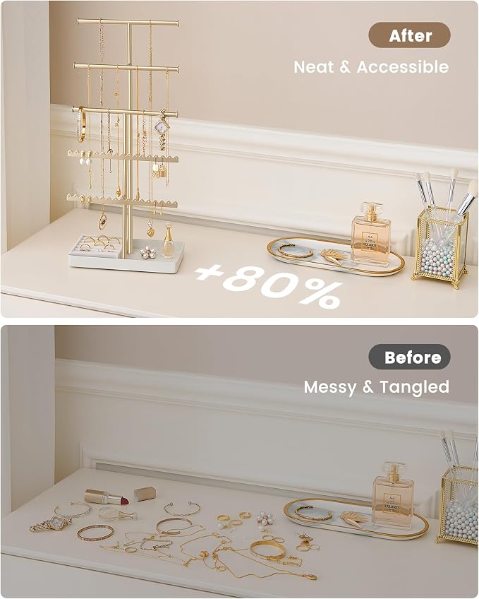 Lolalet 5-Tier Jewelry Organizer Stand, Metal Jewellery Holder, Dresser Display Rack for Necklace Earring Bracelets Rings, Gift for Women Girls -Gold