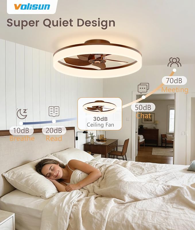 VOLISUN Low Profile Ceiling Fans with Lights and Remote, 20in Fandelier Ceiling Fan Flush Mount, 3000K-6500K Smart Bladeless LED Fan Light, Farmhouse Ceiling Fans with Lights for Bedroom(Wood)