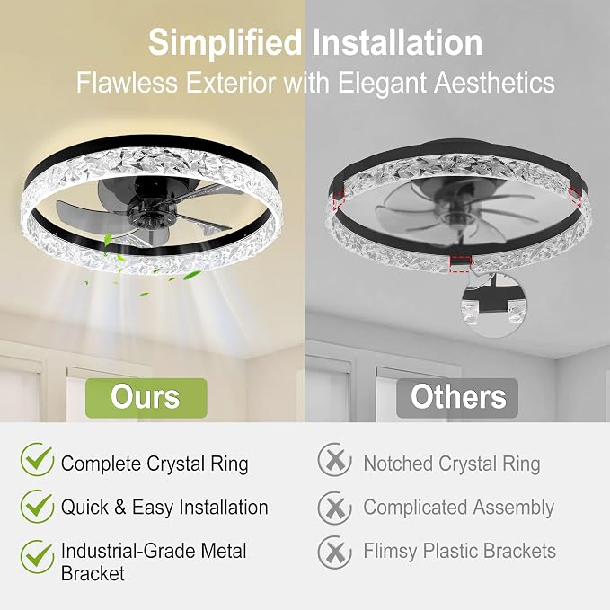 DAMINY 20inch Black Ceiling Fans with Lights and Remote, 6CCT, Dimmable Smart Low Profile Ceiling Fan with Light, 6 Speeds Flush Mount Modern Bladeless Ceiling Fan for Bedroom