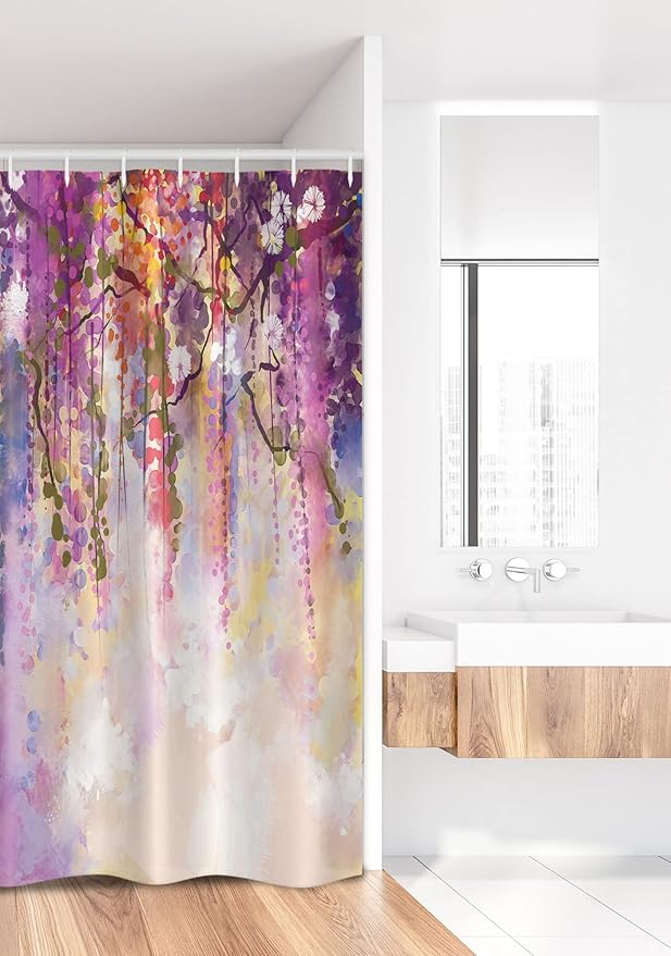 Ambesonne Japanese Stall Shower Curtain, Floral Country Style Watercolor Japanese Garden Flowers with Rain Backdrop, Fabric Bathroom Decor Set with Hooks, 36" W x 72" L, Peach Purple