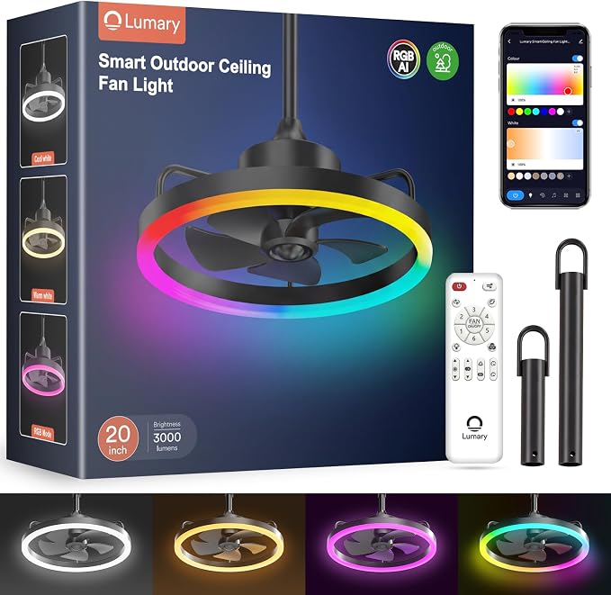 Lumary Smart Gazebo Ceiling Fans with Color Lights for Patios Outdoor, 20in | RGBAI+White Dimmable, Wi-Fi Bluetooth Connect, Work with Alexa/Google/APP, Waterproof Plug in Ceiling Fan with Hook/Remote