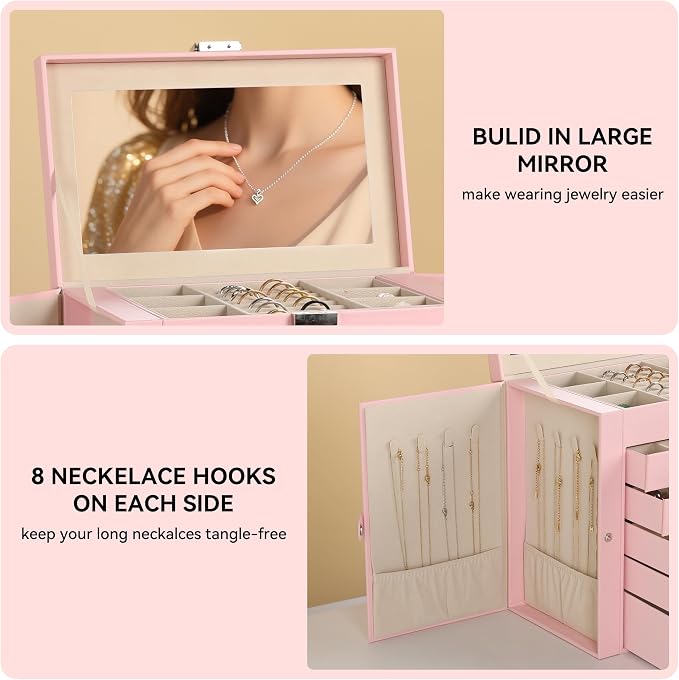 Frebeauty 6-Layer Jewelry Box for Women,Large Jewelry Organizer with Drawer | Faux Leather,Built-in Mirror,Spacious Jewelry Storage,16 Necklace Hooks,Organizing by Category for Rings Earrings Bracelet
