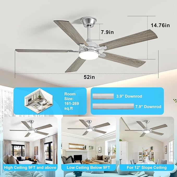 Depuley 52-inch Ceiling Fan with Light: Nickel Ceiling Fan for Living Room Indoor Outdoor - Modern Ceiling Fan with Remote Control 3CCT Dimmable Noiseless 5 Reversible Silver Blades 6 Speeds Timer