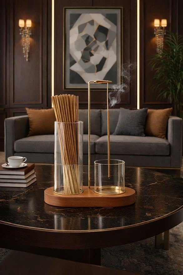 Modern Incense Burner with Ash Catcher, Hanging Incense Stick Holder Stand, Glass & Wooden Base Incense Holder for Home Meditation Decor (Natural Wood)