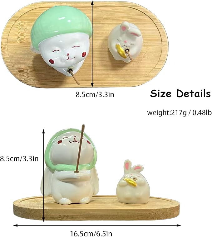 Cute Rabbit Incense Holder for Sticks – Resin Incense Stick Holder with Bamboo Ash Catcher,Perfect for Energy Cleansing,Yoga,Meditation,Zen Spaces, and Altar Decor