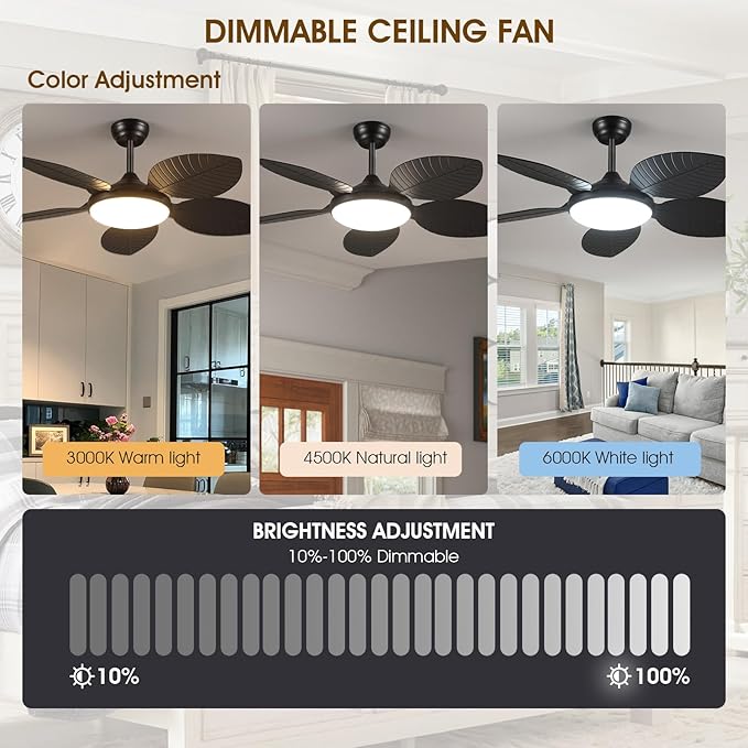 Wiviniya 48 Inch Tropical Ceiling Fans with Lights, Palm Leaf Outdoor Ceiling Fan with Light for Patios Porch Bedroom Living Room, Remote/APP Control, Reversible Quiet DC Motor, Dimmable LED, Black
