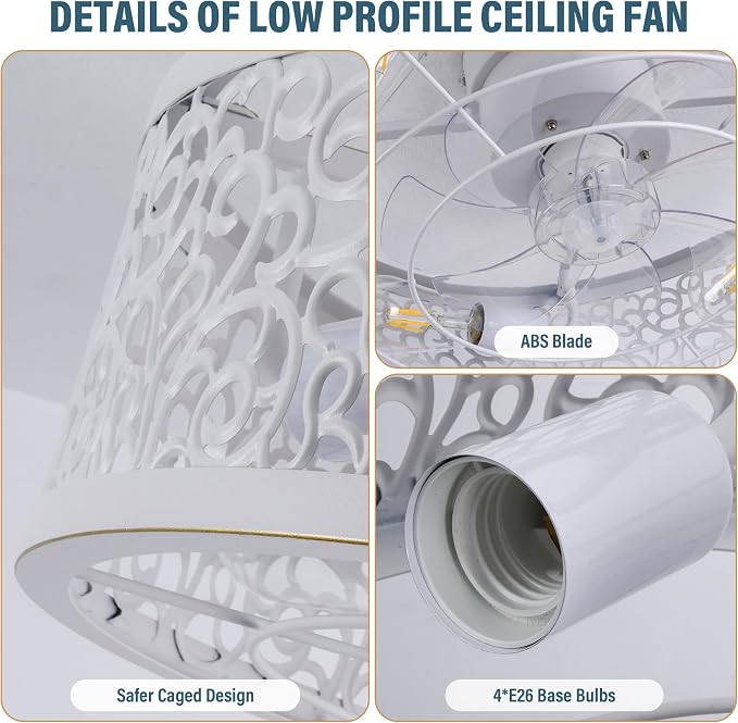 COCOSTAR Farmhouse Ceiling Fan with Light and Remote White Caged Fandelier | Smart Remote/APP,Low Profile,6 Speed,20in Small Flush Ceiling Light Fixture with Fan for Living Dining Kitchen Girls Bedroom
