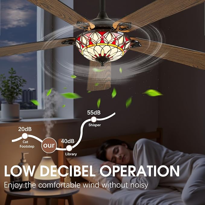 52" Tiffany Style Ceiling Fans with Lights, Vintage Chandelier Ceiling Fan with Stained Glass Shade, Dimmable LED, 6 Speeds Reversible for Bedroom (Red Petal)