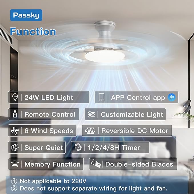 Passky Ceiling Fans with Lights, 52 inch Flush Mount Ceiling fan with Remote Control, Low Profile Silver Ceiling Fan for Bedroom, Farmhouse, Reversible, 3CCT, Dimmable, Noiseless DC Motor