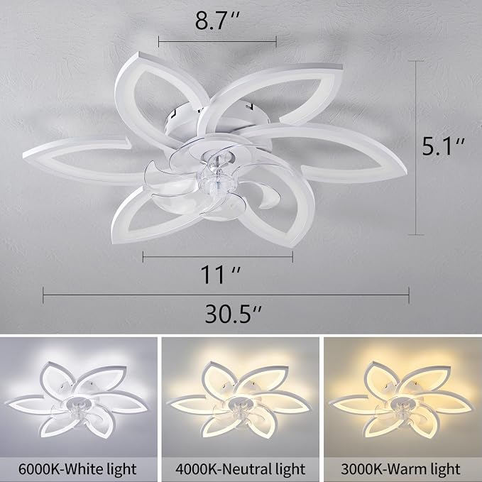 Modern 30" Ceiling Fan with Light, Low Profile Flush Mount Fandelier, Dimmable LED Ceiling Fan with Remote, 6-Speed Quiet Motor, Flower Design for Bedroom Living Room Kitchen (White)