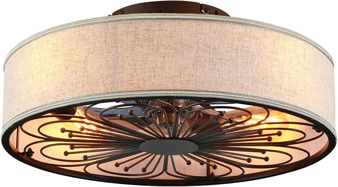 20" Boho Rattan Caged Ceiling Fan with Light,Low Profile Flush Mount Bladeless Ceiling Fan with Remote Control, 6 Speeds Reversible Silent Motor, Farmhouse Fabric Fandalier for Bedroom,Living Room