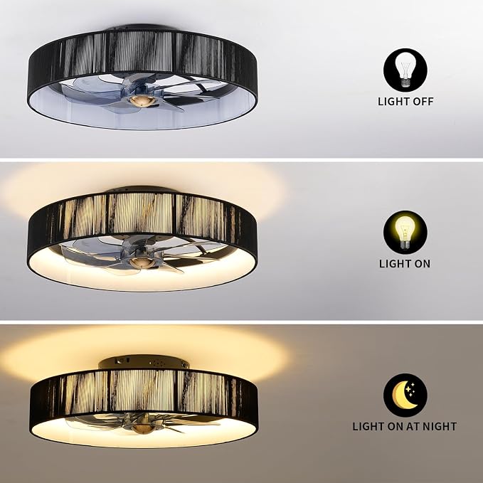 19.6'' Farmhouse Dimmable Ceiling Fan with Lights and Remote Control,Flush Mount Boho Ceiling Fan with Light,chandelier with fabric shades,LED Light 3 Color Temperatures 6-Speed Timer for Bedroom