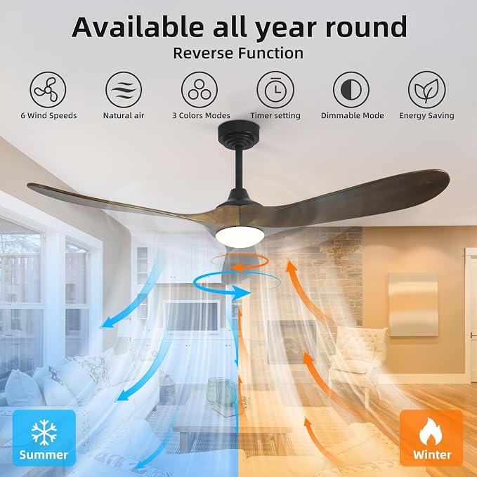 60” Outdoor Ceiling Fan with Light 3 Downrods, Smart Wood Ceiling Fan Compatible with Alexa/Google/App, 3 Blades Modern Walnut Wood Ceiling Fans for Kitchen Living Room Patio,Bronze