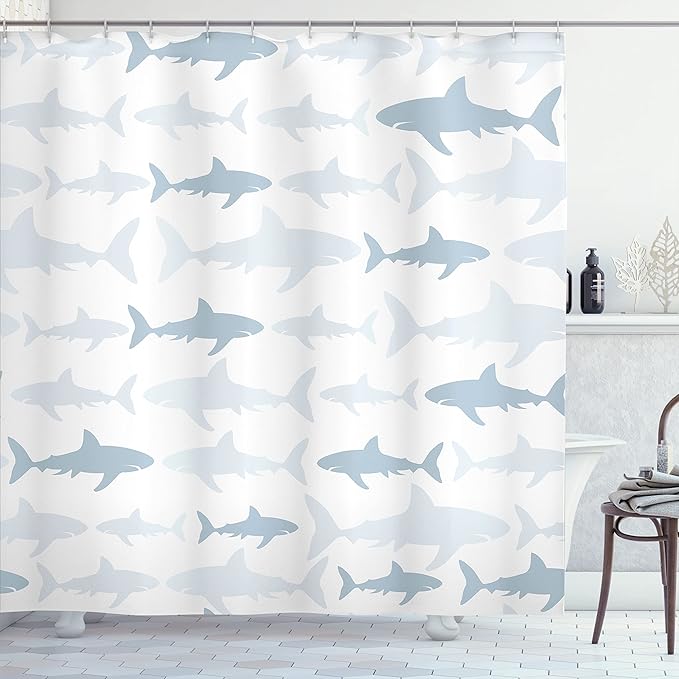 Ambesonne Sea Animals Shower Curtain, Monochrome Shark Illustration Fashion Maritime Illustration Aquatics, Cloth Fabric Bathroom Decor Set with Hooks, 69" W x 70" L, Cadet Blue