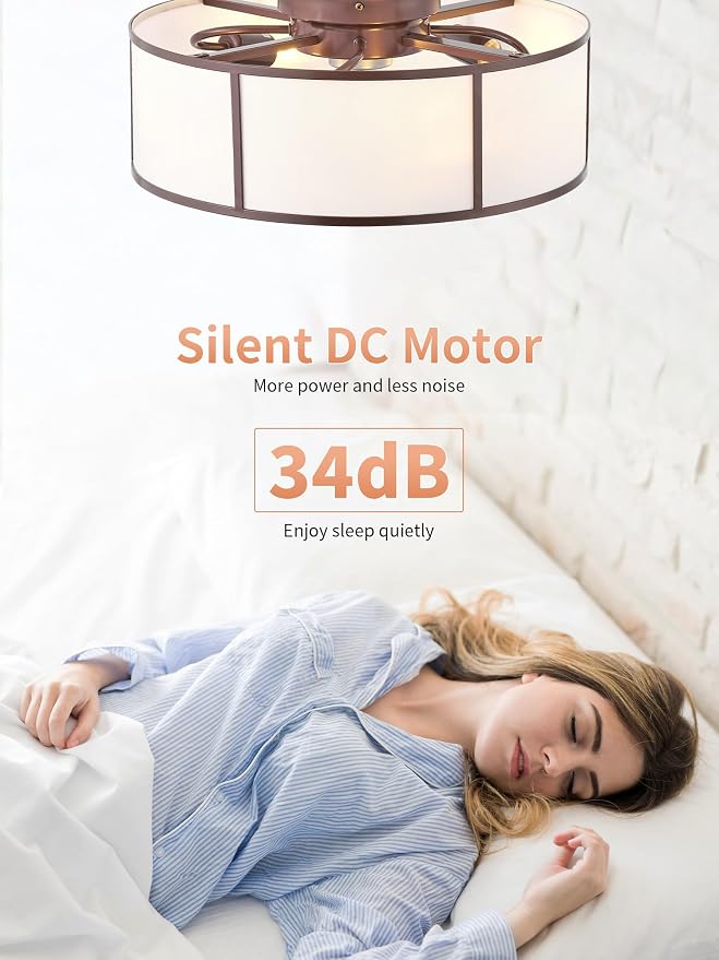 Low Profile Ceiling Fans with Lights, 20" Flush Mount Ceiling Fan with Light, Brown and White Boho Bladeless with 6 Speeds Remote Control for Bedroom, Nursery, Living Room