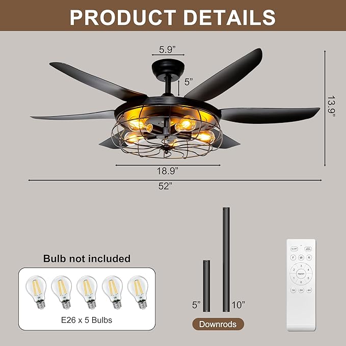 Ohniyou 52'' Rustic Farmhouse Ceiling Fan with Lights and Remote | Caged Light Fixture, E26 Bulbs Socket, Industrial Covered Outdoor Fans for Patio, Living Room, Dining Room, Bedroom, Black
