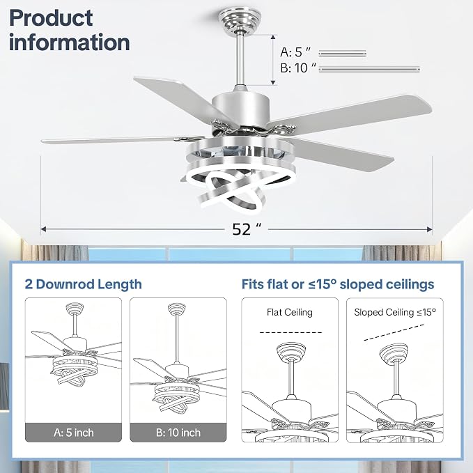 52" Ceilling Fan with Light Chandelier Fan Modern DC Motor Dimmable Led Fandelier Ceiling Fan with Light for Bedroom, Living Room Silver