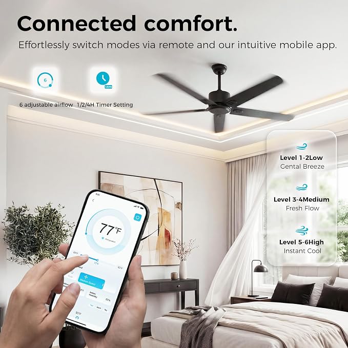 Obabala 52 Inch Ceiling Fan No Light, Modern Black Ceiling Fan Without Light with Remote & APP, Quiet Reversible DC Motor, 6-Speeds, for Living Room, Bedroom, Patio