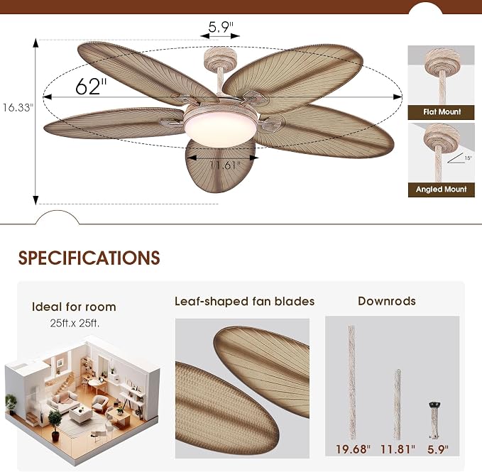 62"Large Unique Tropical Style Palm Leaf Ceiling Fans with Lights & Remote | Super Large Airflow with 6 Wind Speeds,Reversible,3 LED Light Colors,50W Quiet DC Motor,4H Timer,Suits for Living Room Patio