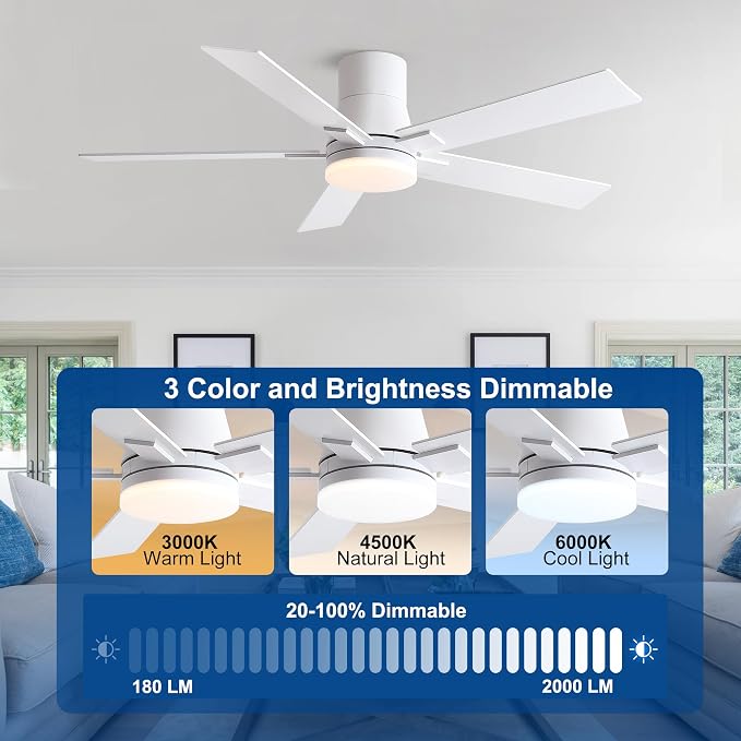 Rayqueen 52 Inch Flush Mount White Ceiling Fans with Lights and Remote | 6 Speed Reversible DC motor,3-color temperature dimmable LED.For indoor/covered outdoor.Modern style for bedroom room