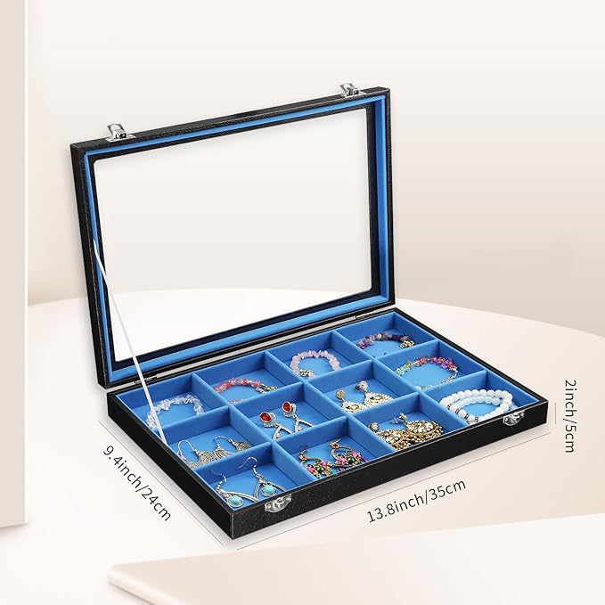 Stratalife 12 Grid Bracelet Jewelry Box, Bangle Holder Organizer with Lid | PU Leather Storage Box for Earring, Ring, Studs and Trinkets, Soft Velvet Drawer Organizer for Women, Dustproof, Blue Black
