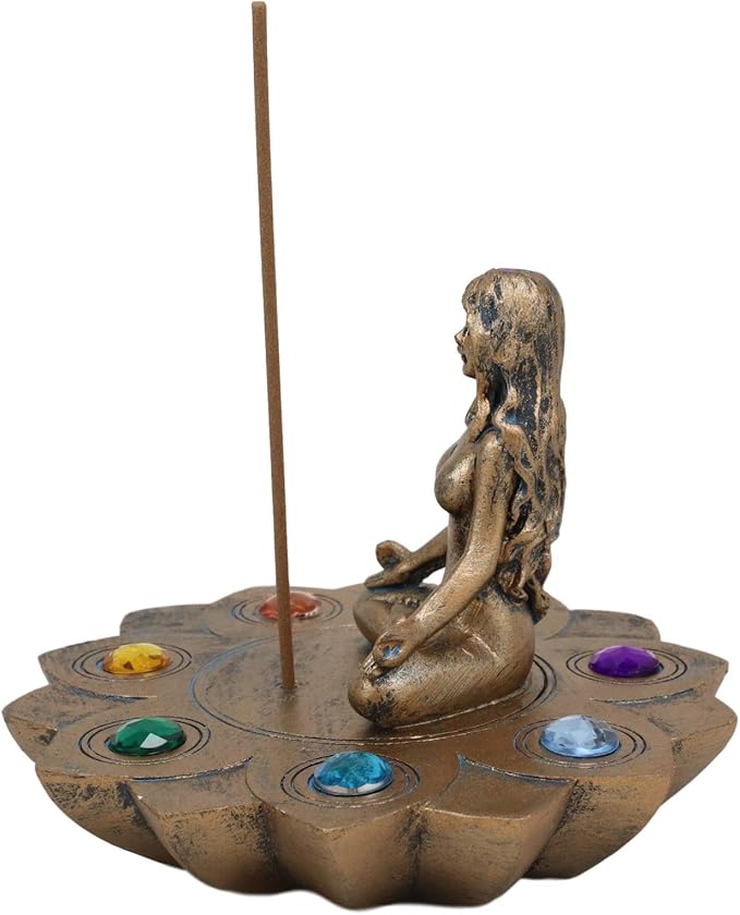 Ebros Gift Sacred Moon Feminine Triple Goddess Yoga Meditation with Chakra Zone Color Beads Lotus Flower Incense Stick Holder Burner Figurine Zen Feng Shui Vastu Home Fragrance Tabletop Altar Decor