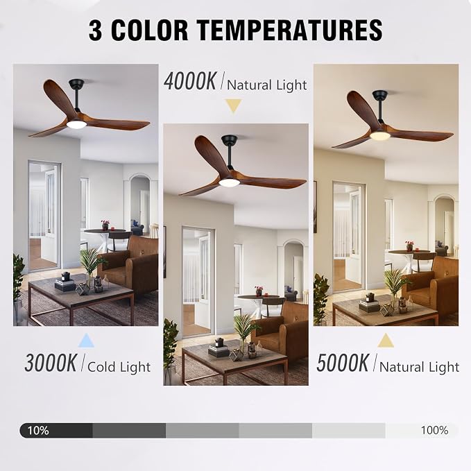 Ceiling Fan with Lights, 52 inch Solid Wood Indoor/Outdoor Ceiling Fans for Patios,Damp Rated Propeller Ceiling Fan for Porch,Farmhouse,Reversible Quiet DC Motor ETL Listed, Memory Function