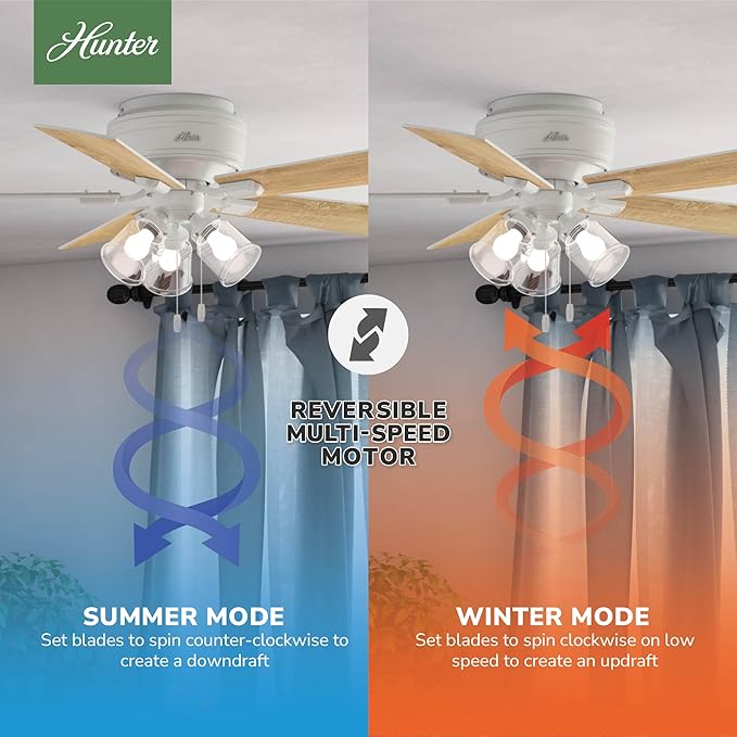 Hunter 52 inch Indoor Ceiling Fan with LED Lights and Pull Chain - Low Profile Flush Mount White Ceiling Fan, 5 Blades, For Bedroom, Living Room, or Kitchen, Quiet - Crestfield 54207, Fresh White