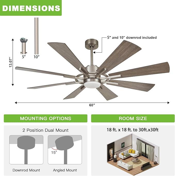 60 inch Large Ceiling Fans with Lights and Remote, Indoor/Outdoor Nickel Ceiling Fan, 8 Blades, Quiet DC Motor, Ceiling Fan 60 inch for Kitchen Living Room Garage, 3 CCT, 6 Speed, Timer