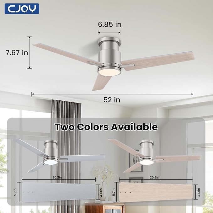 CJOY Ceiling Fans with Lights, 52 Inch Flush Mount Indoor Ceiling Fan with Light and Remote, Low Profile, LED Dimmable DC Reversible Modern Ceiling Fan for Bedroom（Brushed Nickel）
