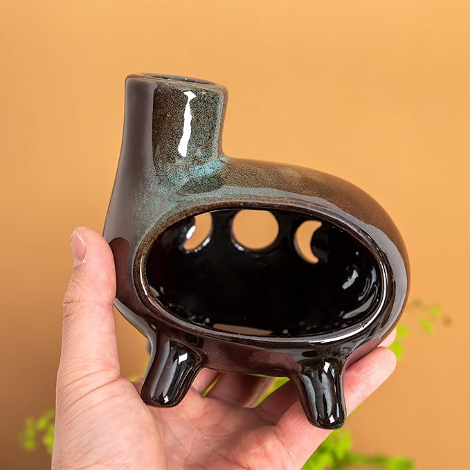 MOUGIGI Handcrafted Ceramic Palo Santo Holder Burner with Green Glaze - Modern Footed Pottery Incense Chimney Dish - Great for Meditation - Wood Sticks, Sage, Ash Catcher Bowl, Cone Compatible.