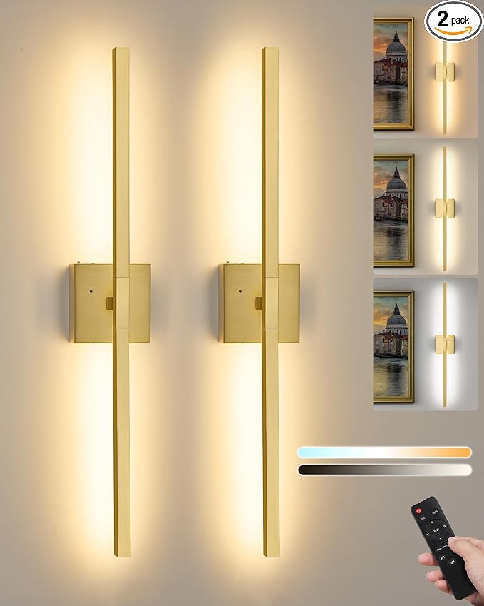 Rayogale Gold Battery Operated Wall Sconce with Remote Control 36 Inch | 3000/4500/6000K Dimmable 8000mAh Wireless Rechargeable Wall Sconces Set of Two with Timer for Living Room, Bedroom, TV