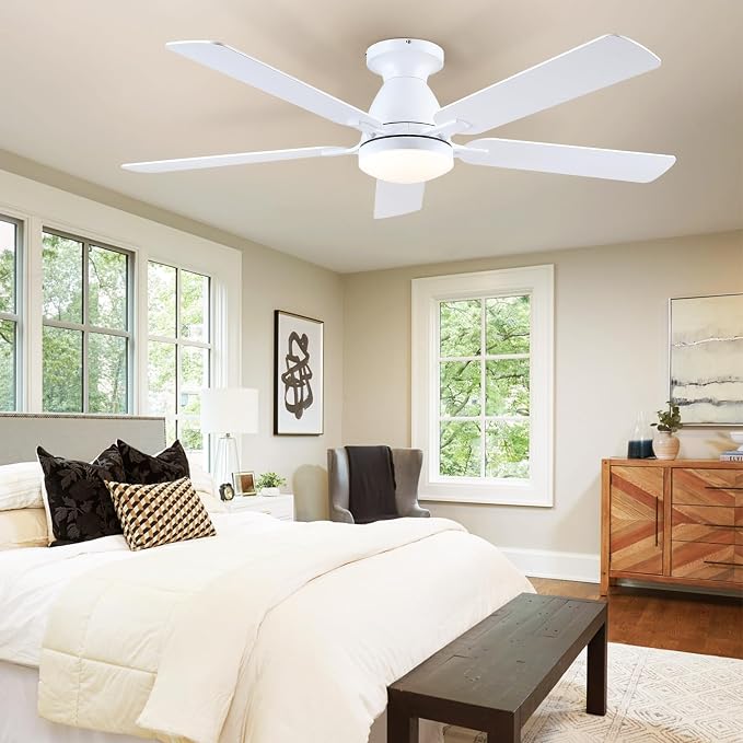 52 Inch Ceiling Fans with Lights and Remote, Flush Mount, White | Low Profile, Dimmable LED, Reversible, Quiet DC Motor, Wooden Blades, for Modern Apartment Bedroom Home Office Living Room