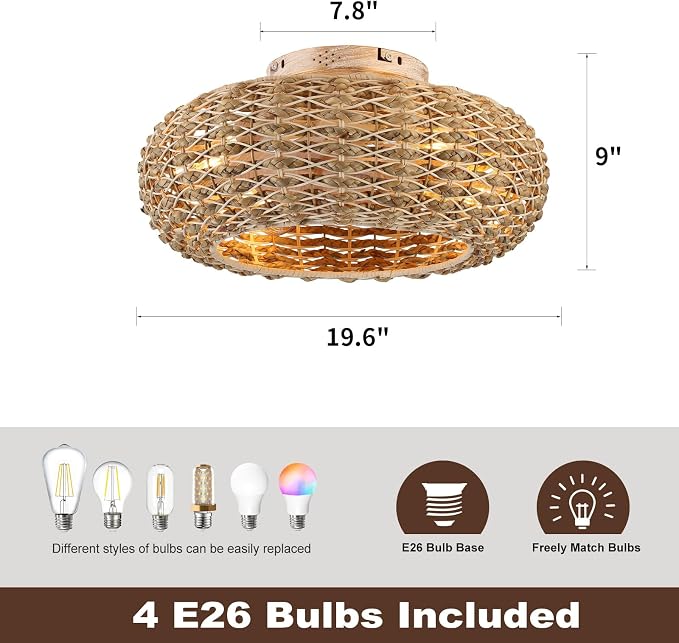 Boho Caged Ceiling Fans with Lights Flush Mount,Low Profile Ceiling Fan with Remote and APP,20 Inch Rattan Fan for Bedroom,6 Speeds Reversible Silent Fandalier (4 LED Bulb Include)…