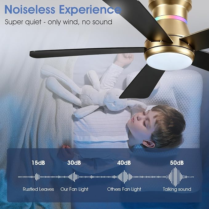 Surtime 46" Ceiling Fans with RGB Lights - Flush Mount Ceiling Fan Light with LED 3CCT Dimmable, Modern Low Profile Gold Ceiling Fan with Reversible Black Blades
